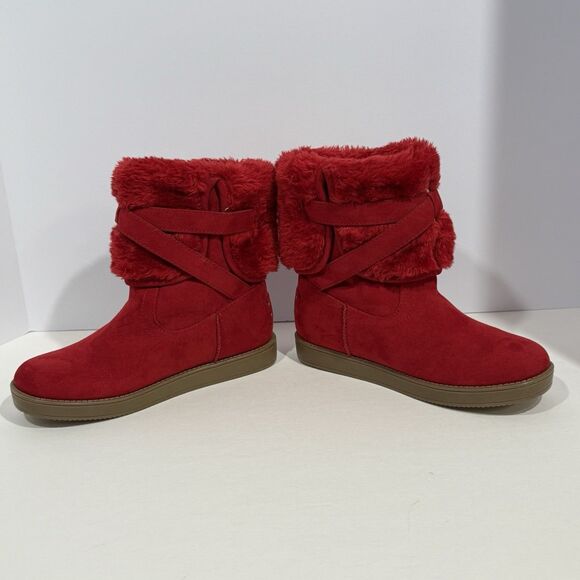 G by GUESS GALLIO RED FAUX FUR SLIP ON ANKLE BOOTS BOOTIE Women’s Size 5.5M - Picture 14 of 16